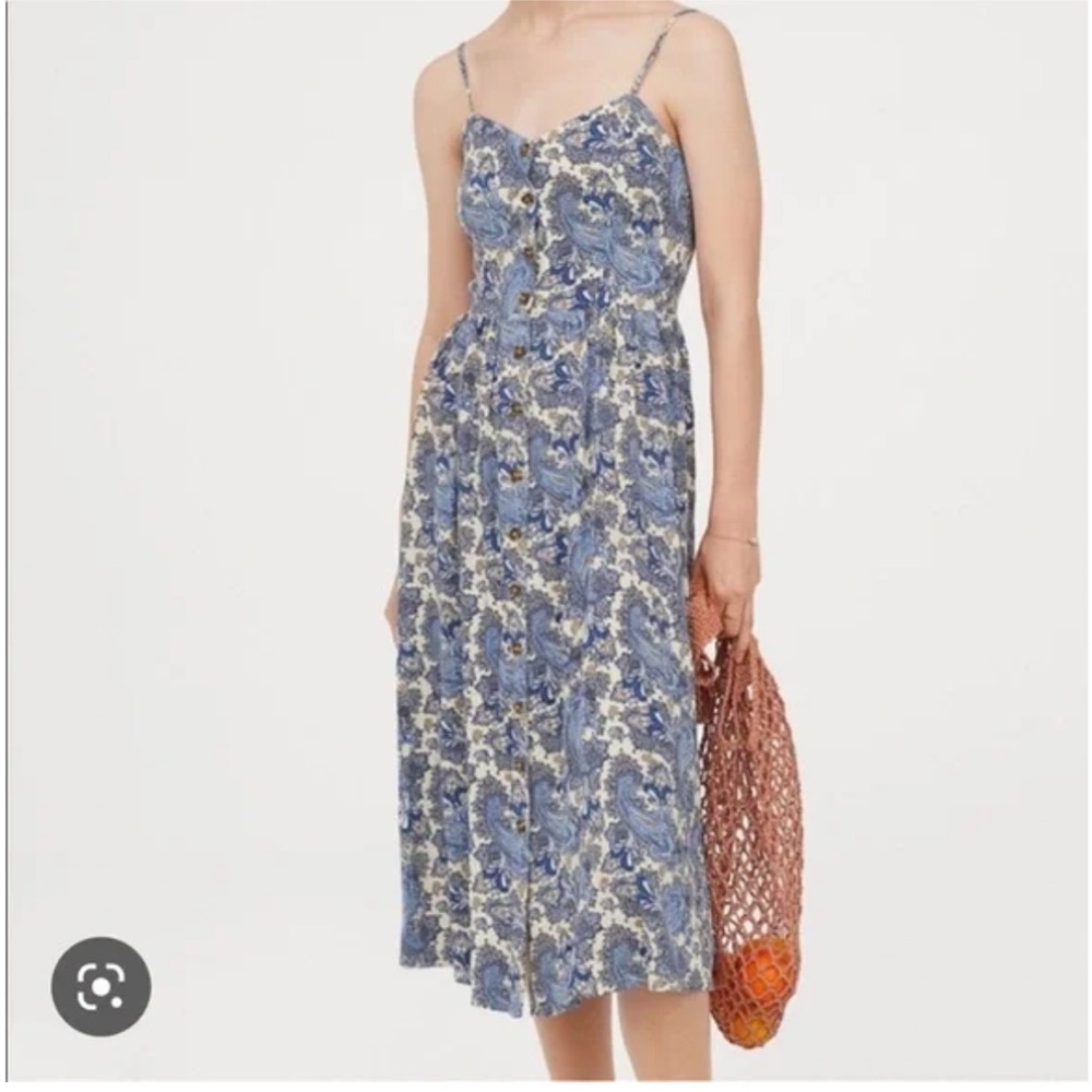 H&M Cream & Blue Paisley Button-Front Midi Dress – Size 8